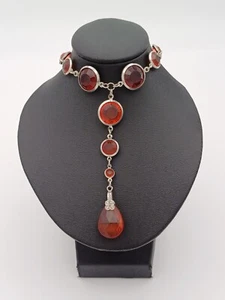 Beautiful Vintage Inspired Silver Tone & Red Bezel Gem Y Drop Necklace - Picture 1 of 15