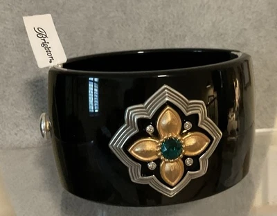 TAN ELEGANTE NUEVO CON ETIQUETAS BRIGHTON MONARCH JOY BISAGRAS BRAZALETE ANCHO MEDALLÓN CRISTAL VERDE Foto 1 de 4