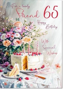 Doodlecards Friend 65th Birthday Card Age 65 Birthday Cake and Flowers - Picture 1 of 4