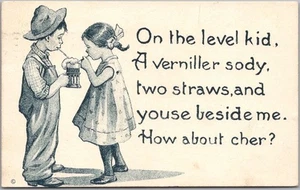 Postkarte Romantik 1912 Junge Mädchen "Eine Verniller-Sodie, 2 Strohhalme und du siehst neben mir" - Bild 1 von 2