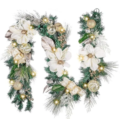 New Valery Madelyn 6ft Pre Lit Christmas Garland w/White, Gold Balls & Magnolia - Image 1 of 4