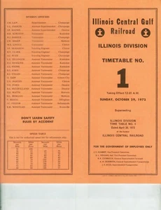 ILLINOIS CENTRAL GULF R.R. ETT TIMETABLE ILLINOIS DIV. #1 10-29-1972 30 PAGES. - Picture 1 of 1