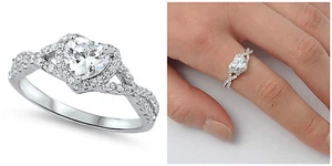 Sterling Silver 925 HEART LOVE KNOT CLEAR CZ DESIGN PROMISE RING 8MM SIZES 4-13 - Picture 1 of 4