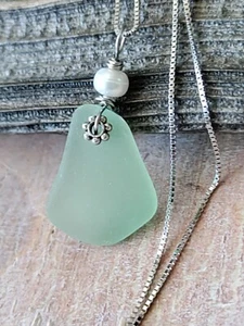 Sea Glass & Pearl Necklace Pastel Green Silver Chain Aloha Minimalist Dainty - Picture 1 of 6