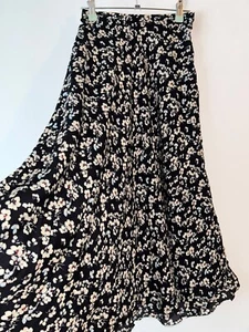 Silk Skirt Midi Black Floral Lined Bohemian Size 6 Vintage Boho Retro Gypsy Folk - Picture 1 of 9