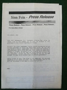 Original 1990s Irish Republican Sinn Fein Press Release Leaflet. - Picture 1 of 3