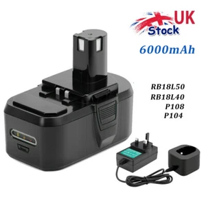 Batteria/Caricabatterie agli ioni di litio 6.0AH 18V per Ryobi One+ P108 RB18L50 P104 RB18L40 - Foto 1 di 25