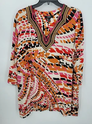 Top Dennis Basso Mujer Grande Colorido Tejido Caftán Adornado Escote Arte para  Foto 1 de 4