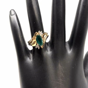 WOMEN'S SOLID 10K YELLOW GOLD LAB CREATED MARQUIS EMERALD & DIAMOND RING SIZE 6 - Picture 1 of 12