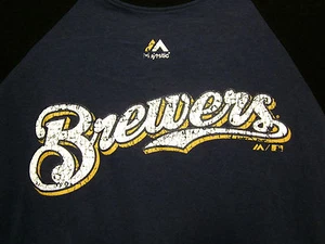 MILWAUKEE BREWERS distressed logo lrg T shirt Majestic baseball raglan tee - Picture 1 of 2
