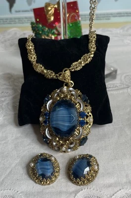 ALEMANIA OCCIDENTAL Escoria de Pórfido Azul Arte Vidrio Esmalte Azul Filigrana Collar Pendientes Foto 1 de 4