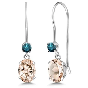 14K White Gold Peach Morganite and Blue Diamond French Wire Dangle Earrings For - Picture 1 of 6