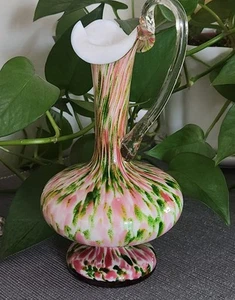 Glass Ewer Pitcher Pink Green Spatter Vasa Murrhina Style 9"Tall Rough Pontil - Picture 1 of 18