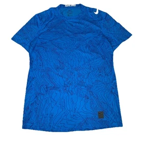 Nike Pro Medium Fitted Topographic Print Short Sleeve Shirt Blue Topo Map - Picture 1 of 9