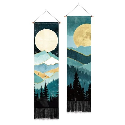 2 Pack Moon Mountain Long Tapestry, Forest Tree Narrow Vertical Wall Hanging Sta - Image 1 of 4