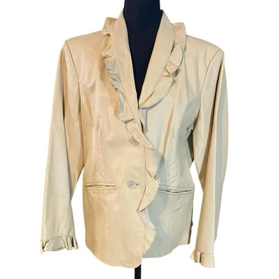 Terry Lewis Genuine Leather Ruffle Blazer Jacket Beige Large Classic Luxuries - Image 1 of 4
