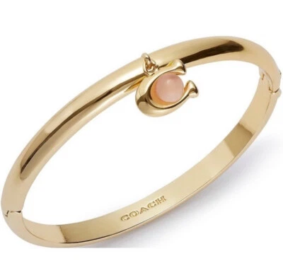 Brazalete Coach Charm Bisagra Logotipo C Tono Dorado Rosa Cuarzo Pulsera, ¡NUEVO CON ETIQUETAS $95! ¡LINDO! Foto 1 de 4