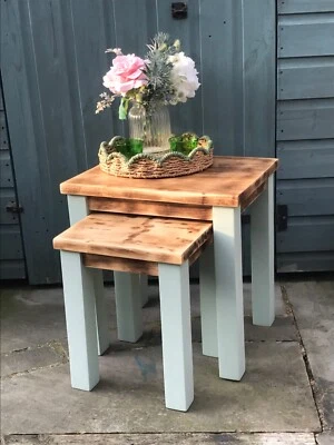 Chunky solid oak dual nesting table’s , scorched - sanded & waxed table top’s  - Image 1 of 4