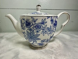 Grace Teaware Blue & White Floral With Gold Trim Teapot Fine Porcelain - Picture 1 of 10