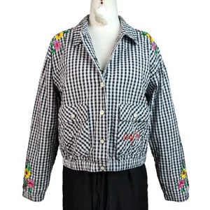TEDDY FRESH Wmns Sz M Blk Wht Gingham Checked Embroidered Cotton Jacket TweeCore - Picture 1 of 15