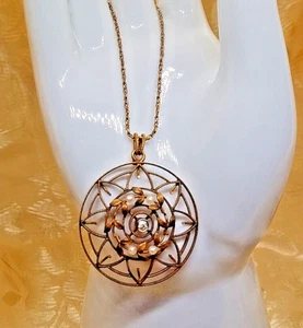 Vintage Art Nouveau 14K Gold Pendant, Diamond & Seed Pearls, 1.15" + 18" Chain - Picture 1 of 8
