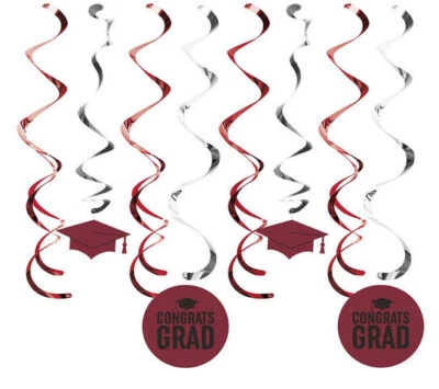 GRADUATION party BURGUNDY foil hanging SWIRLS DECORATIONS 8 pcs school colors - Image 1 of 2