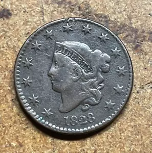 Small Wide Date 1828 U.S copper Coronet Head LARGE CENT 1c coin Eye Appeal COLOR - Picture 1 of 7