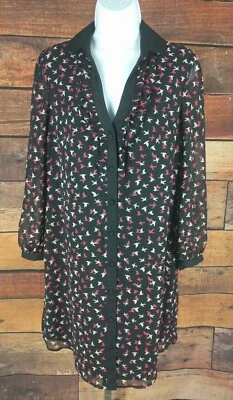 ELLE~S~Vestido Camisa Túnica Estampado Pájaro Semi Transparente L/S Nuevo con Etiquetas Negro Forrado Gasa  Foto 1 de 4