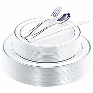 Silver Plastic Plates with Disposable Plastic Silverware Tableware 40 Guest Set - Picture 1 of 7
