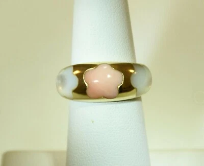 ANILLO PLUMERIA HAWAIANA ORO AMARILLO 14K NATURAL ROSA CORAL BLANCO MADRE PERLA Foto 1 de 4