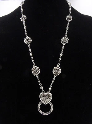 New Antiqued Silver Eyeglass Holder Necklace with Roses & Heart Pendant #Z2030 - Image 1 of 4
