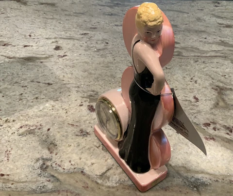 PINK CERAMIC BLOND BOMBSHELL CLOCK FIGURINE BY SARSAPARILLA DECO DESGINS VINTAGE Cover