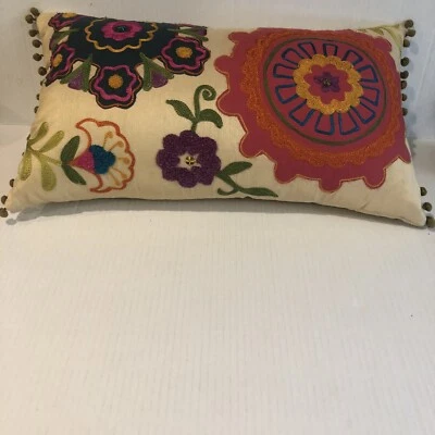 Decor/Throw Pillow .Floral , Colorful Embroidered .Boho . 12” x 20"Made In India - Image 1 of 4