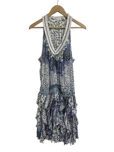 Poupette St Barth Blue Floral V Neck Sleeveless Mini Dress Large Ruffle Skirt - Picture 1 of 5
