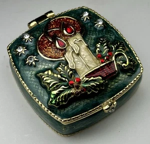 Vintage Monet emailliert Mini Weihnachten Kerze Metall Strass Schmuck Pillendose - Bild 1 von 19