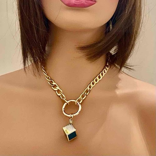 DIOR Fendi Dadi Blu Ciondolo in Oro con Collana a Catena Grande in Oro 18 Pollici