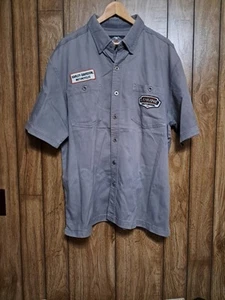 Harley Davidson Motorcycle Logo Button Down Short Sleeve Gray Work Shirt Mens XL - Picture 1 of 12