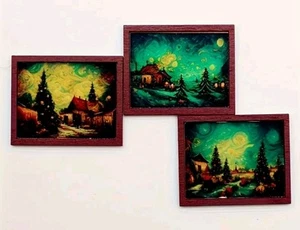 Miniature Dollhouse Wall Artwork Brown Frame 3 Print Set 1/12th Scale - Foto 1 di 2