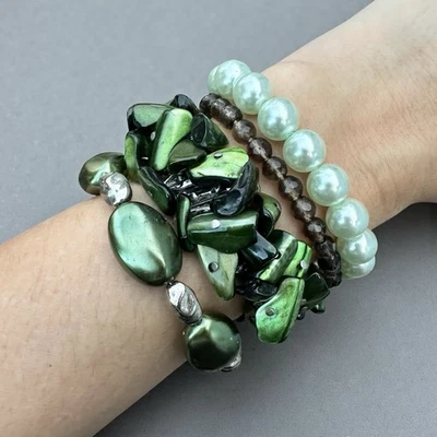 Зеленый и швабра жемчуг дымчатый кварц драгоценных камней браслет стек 4шт расширение землистый - Изображение 1 из 4