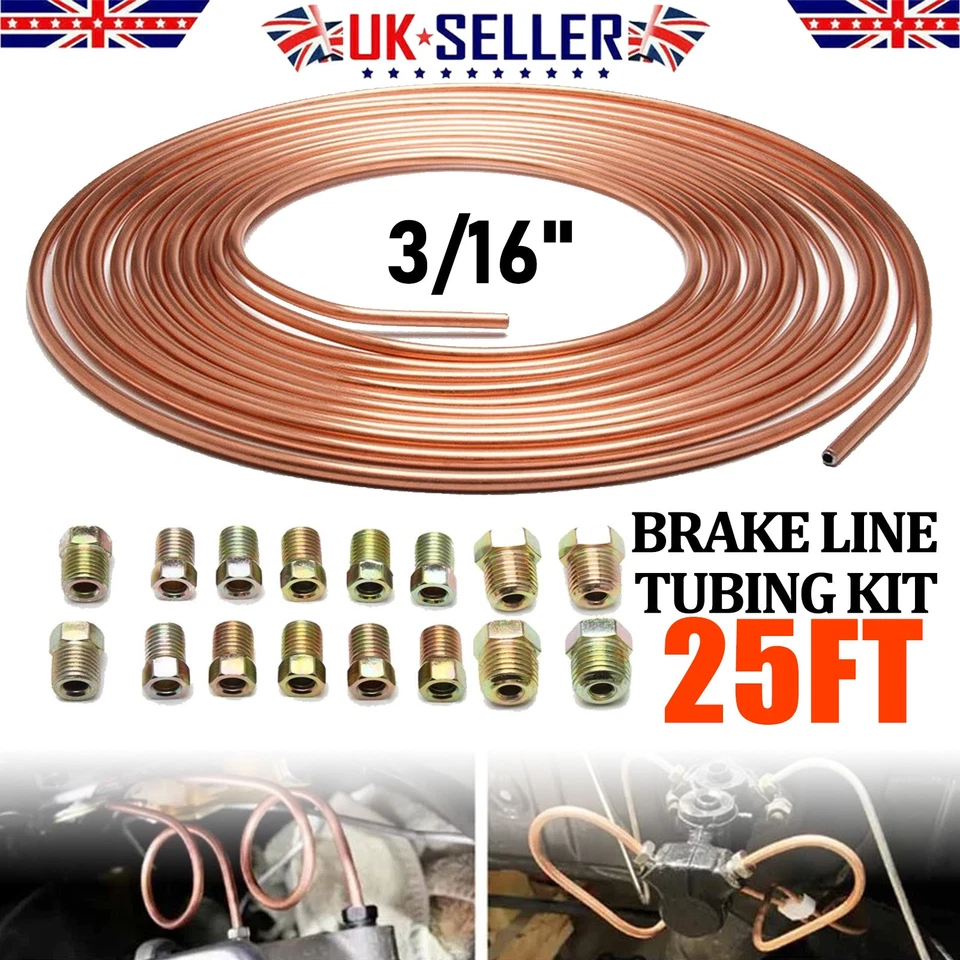 Flexible Copper Brake Pipe Hose Line 25ft Roll 3/16" Fittings Tubing Kit 16 Nuts - Image 1 of 4