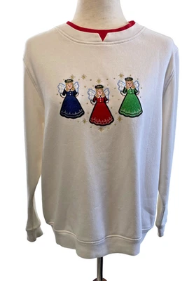 Sudadera Vintage Navidad Ángeles Mujer’s M Blanca Doble Cuello Retro Foto 1 de 4