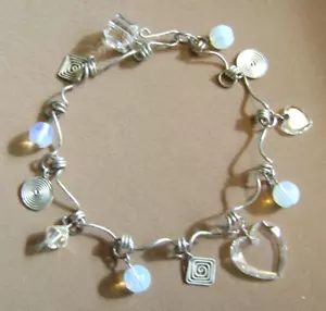 VINTAGE SILVER WIRED CHARM HOOK CLOSURE BRACELET- CRYSTAL,BEVELED HEARTS,.... - Picture 1 of 7