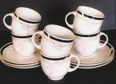Espresso Set For 6 Realty Black & White With Pink & Lavender Orchids Gold Trim - Image 1 of 4