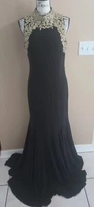 Vestido largo Betsy & Adam negro dorado espalda transparente talla 12 formal sin mangas - Imagen 1 de 21
