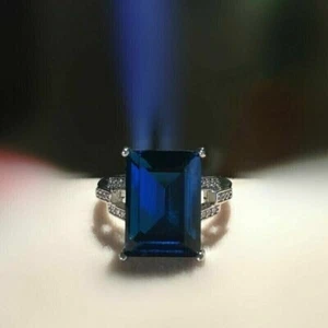 3Ct Emerald Cut Lab-Created Blue Sapphire Women' Ring 14K White Gold Plated - Picture 1 of 7