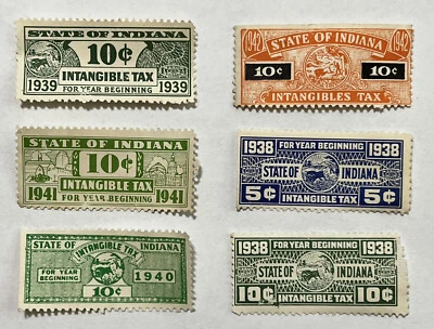 RARE 1938-1942 LOT OF INDIANA INTANGIBLES TAX STAMPS UNUSED - Image 1 of 4