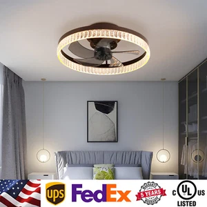 20" Modern Flush Mount Ceiling Fan Light Kit Dimmable w Remote Brown Thin Fans - Picture 1 of 10