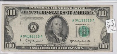 1950 D US 100 DOLLAR FEDERAL RESERVE NOTE ISSUED BY THE BOSTON BANK, NICE NOTE. - Image 1 of 4