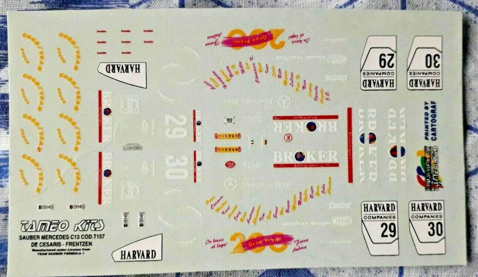 Decal 1/43 TAMEO KITS SAUBER MERCEDES C13 1994 ANDREA DE CESARIS H.H. FRENTZEN - Immagine 1 di 1
