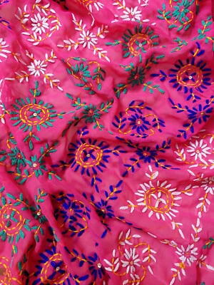 Vintage Phulkari Dupatta Handmade on Georgette |  Pink Indian Embroidered Shawl - Image 1 of 4